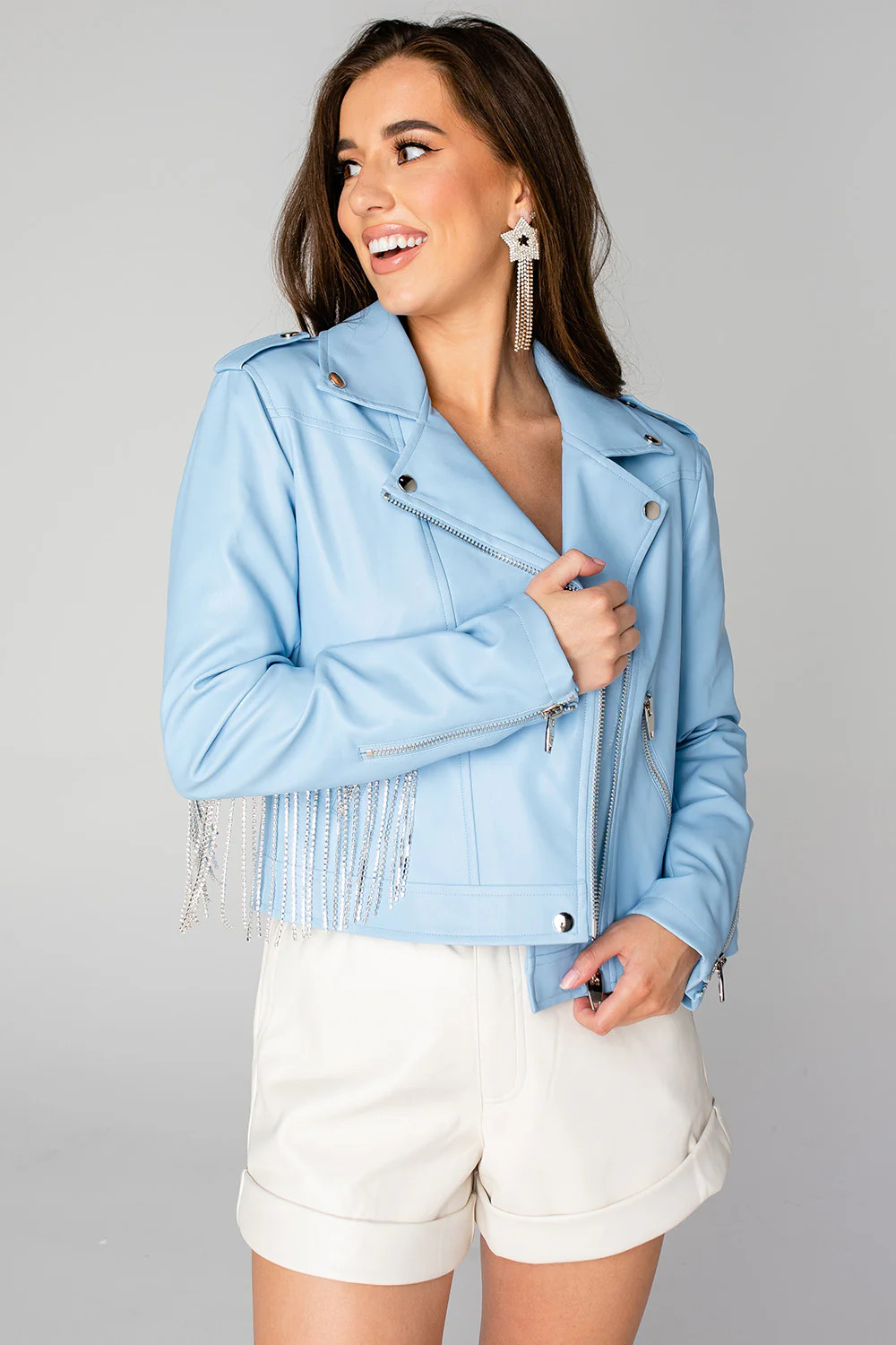 BuddyLove | Rife Crystal Fringe Vegan Leather Jacket | Baby Blue | BuddyLove
