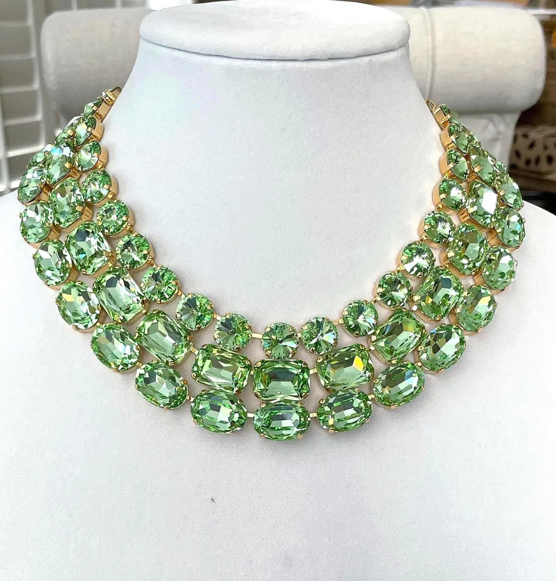 Peridot green crystal necklaces, 12mm round, 18x13mm emerald cut octagon, 18x13mm oval, Anna Wint... | Etsy (US)