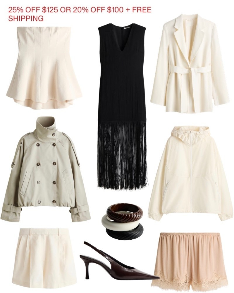 H&M sale!! These heels look like YSL ones!! Satin lace shorts, windbreaker jacket, fringe dress, maxi, white blazer, cuff bracelets, tube top, spring, summer, outfit ideas. 

#LTKootd #LTKSaleAlert