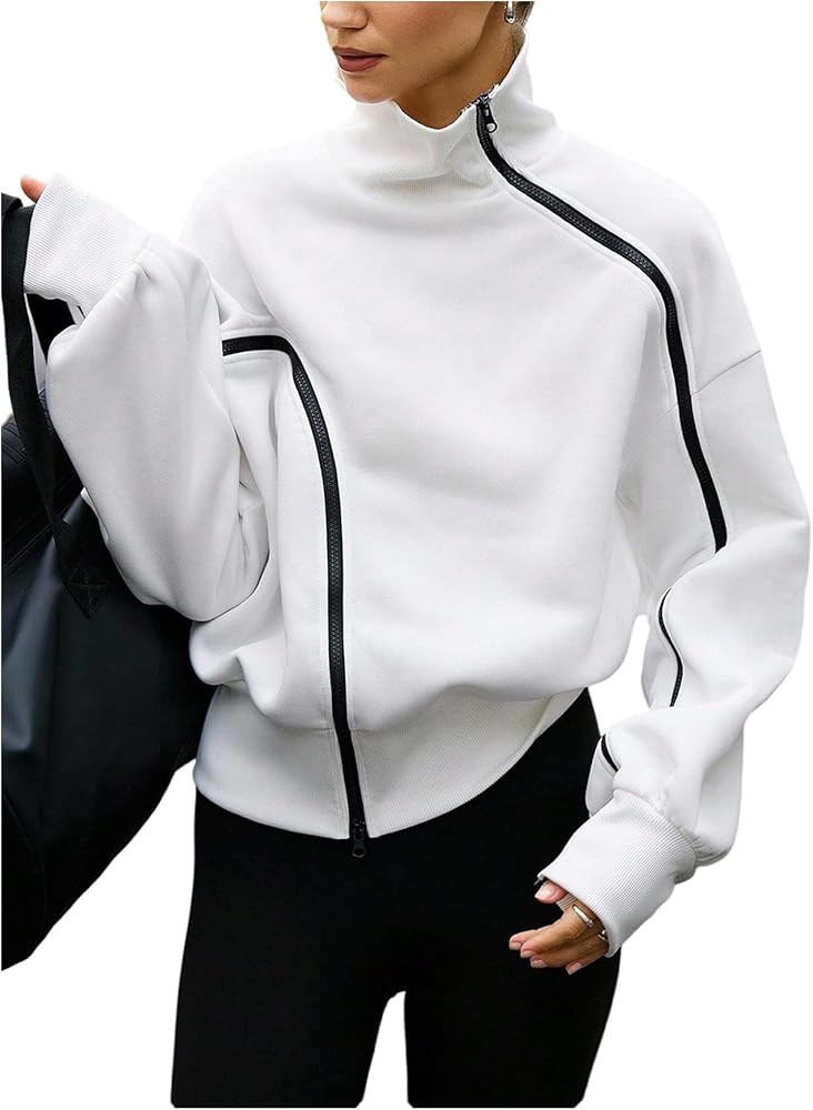 Verdusa Women's Asymmetrical Zip Up High Neck Pullover Sweatshirt Oversize Trendy Fall Tops Stree... | Amazon (US)