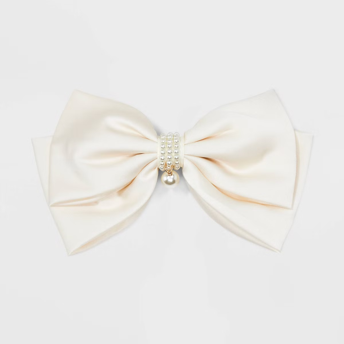 Large Satin Bow Hair Barrette with Pearl Dangle - Off-White | Target