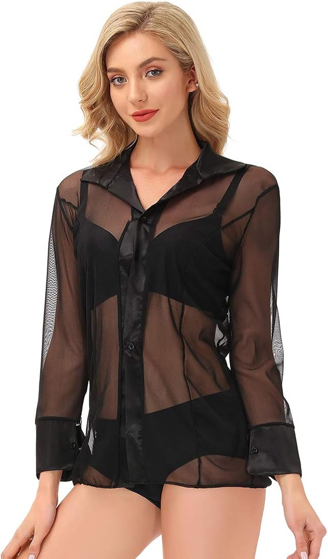 Linkie Junkie Women Long Sleeve Sheer Top See Through Button Up Shirts Sexy Casual Button Down | Amazon (US)