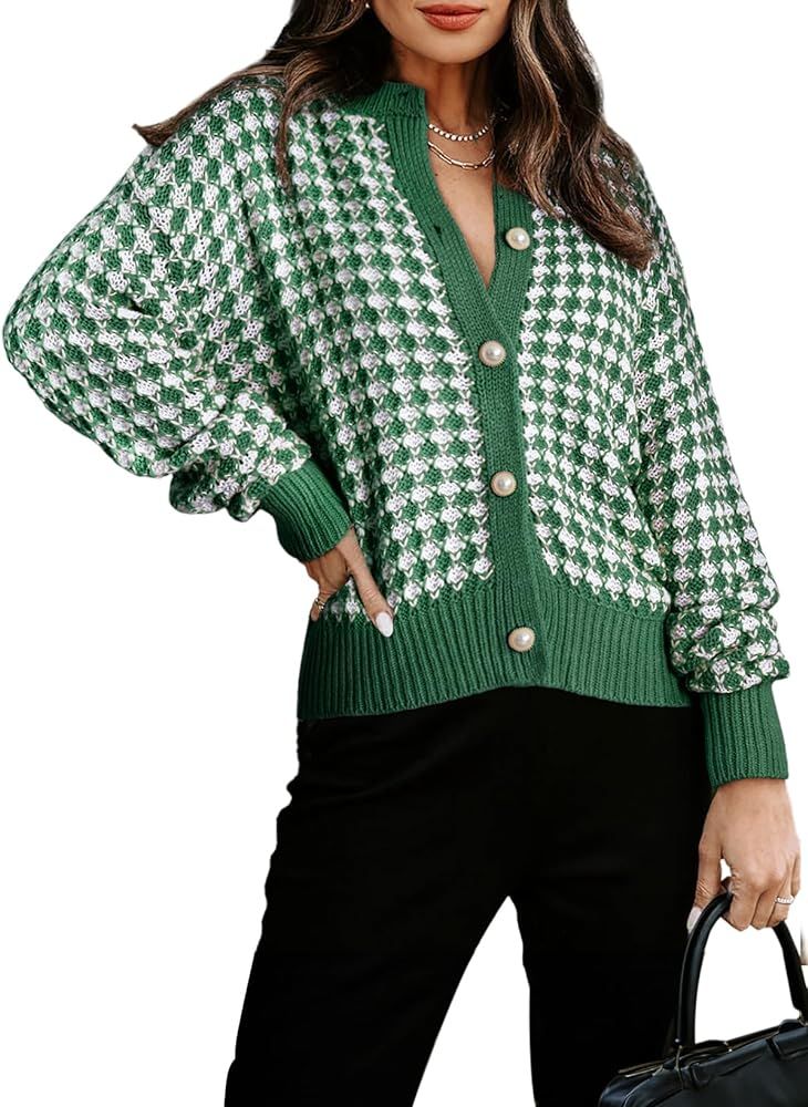 Dokotoo Cardigan Sweaters for Women V Neck Button Down Long Sleeve Plaid Knit Cardigans Sweater T... | Amazon (US)