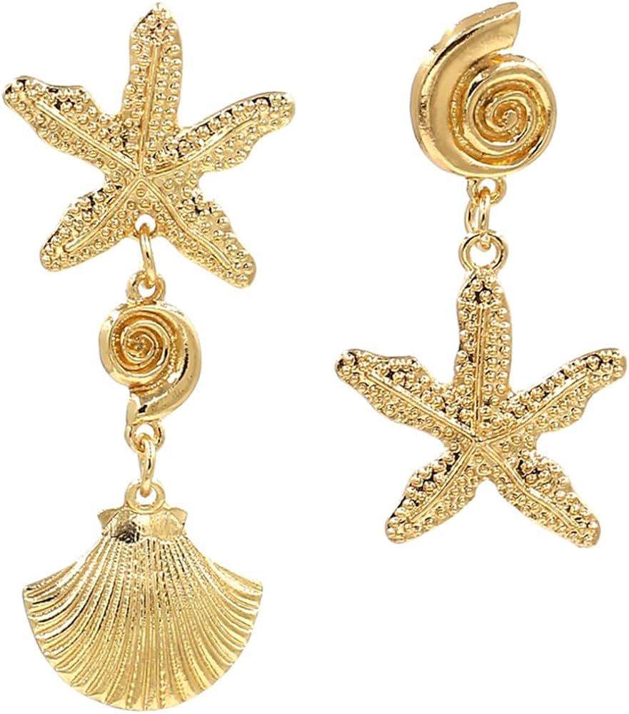 Boho Sea Shell Earrings for Women Asymmetrical Starfish Earrings Gold Turtle Earrings Summer Beac... | Amazon (US)