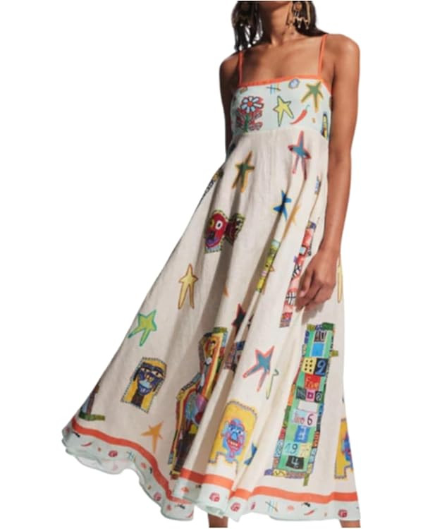 Spaghetti Strap Summer Maxi Dress 2024 Graphic Colorful Sun Dresses Vacation Maxi Sundress Flower... | Amazon (US)