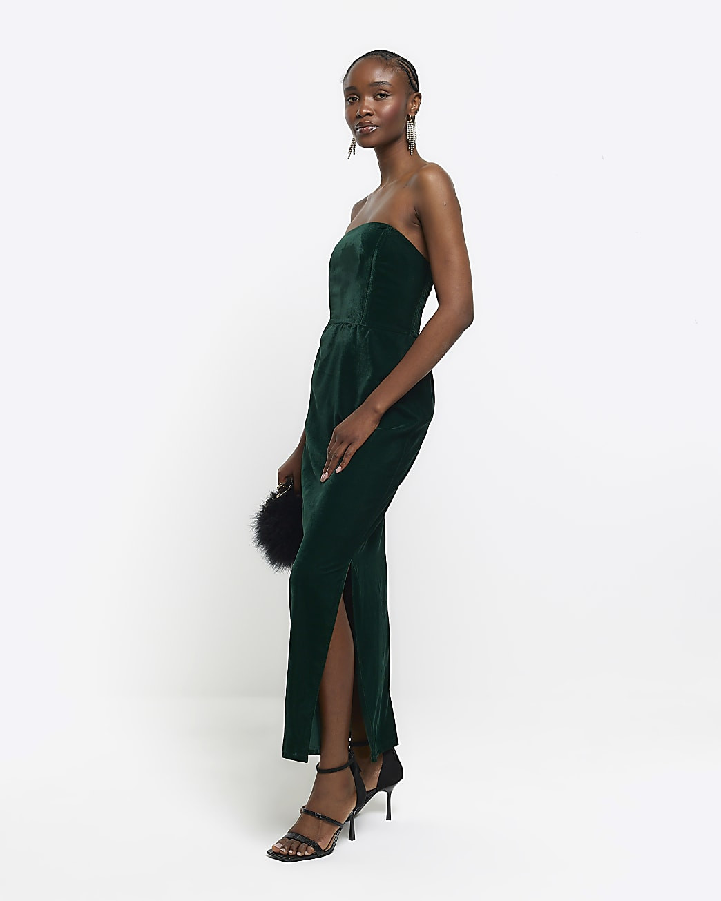 Green velvet bandeau midi dress | River Island (UK & IE)