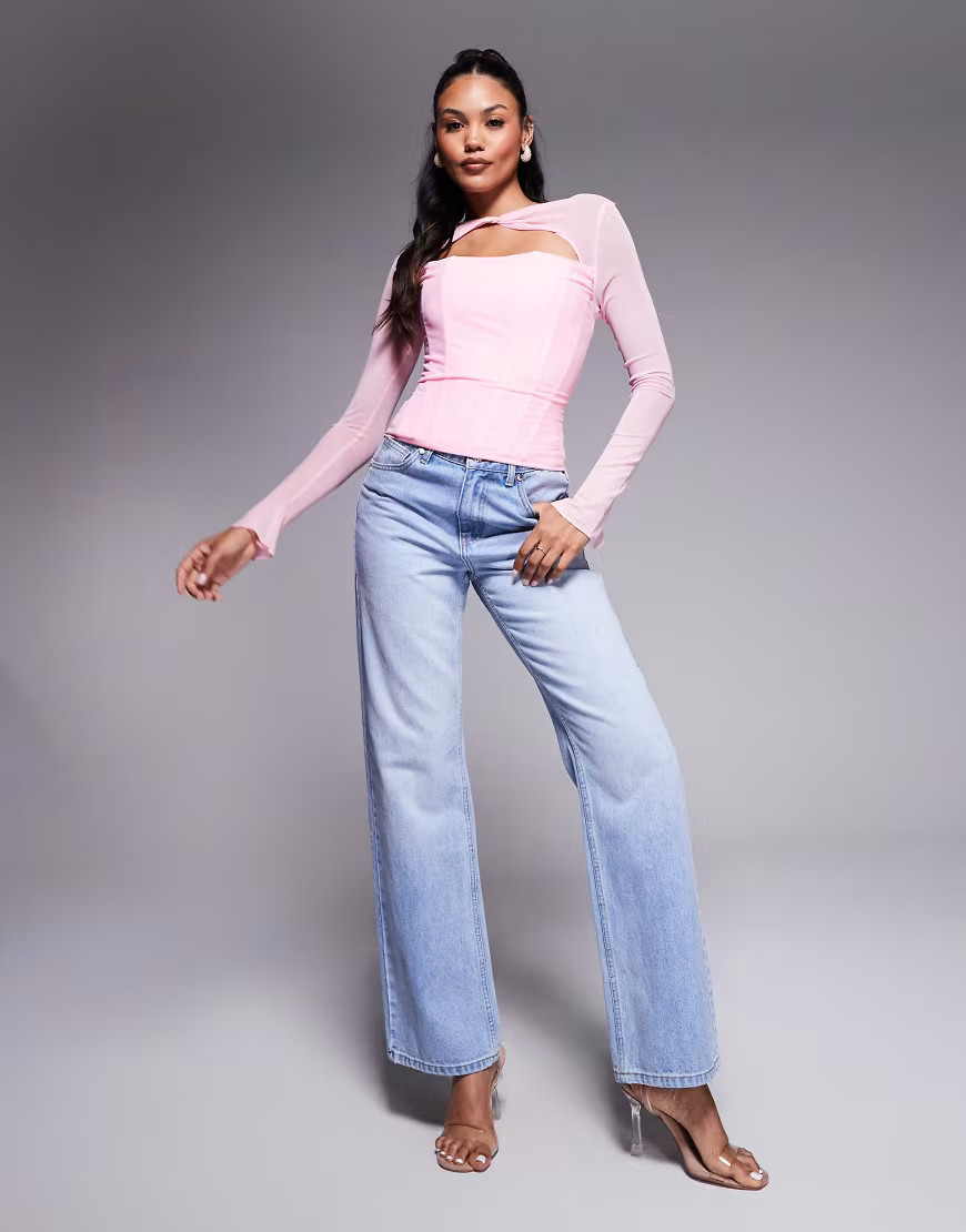 Taideux fuller bust Tilly mesh boned cut out corset top with lace up back detail in pastel pink | ASOS (Global)