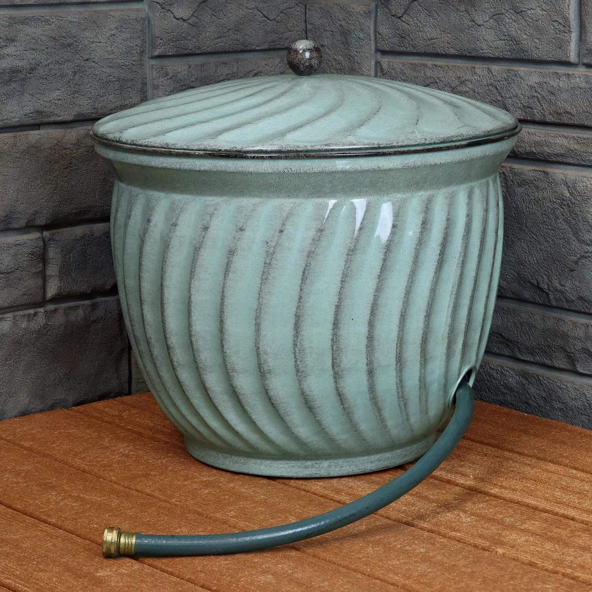 19.5" Metal Decorative Garden Hose Holder Pot with Lid - Green | Wayfair North America