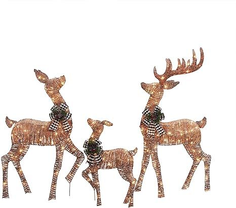 Holiday Home 3 Piece Lighted Rustic Deer Family with Buffalo Plaid Bows Sculpture Decoration Pre ... | Amazon (US)