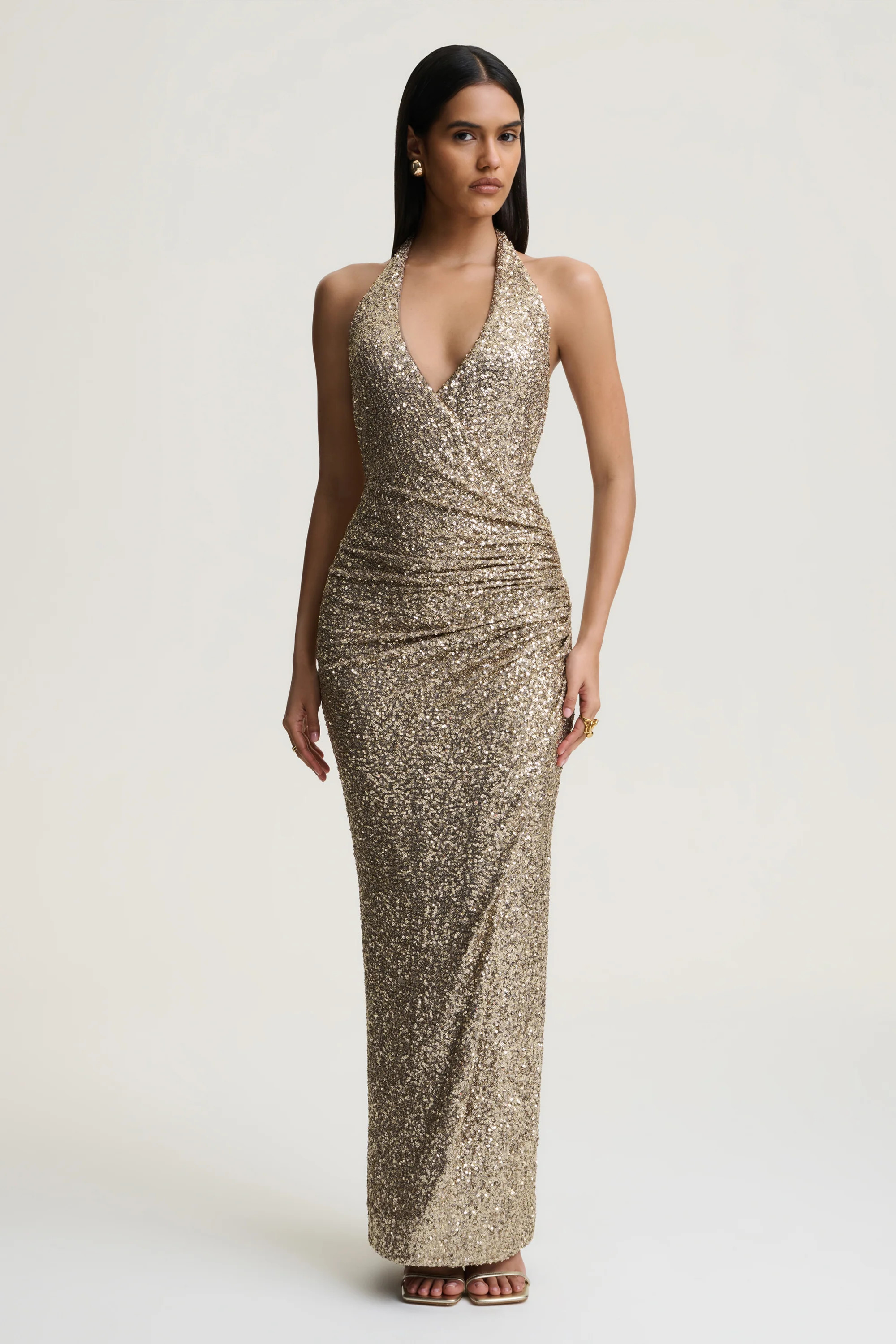 Gio | Champagne Sequin Plunge-Neck Wrap Maxi Dress With Ruched Detailing | Club L London