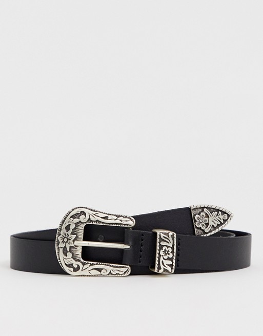 ASOS DESIGN leather slim western belt in black | ASOS US
