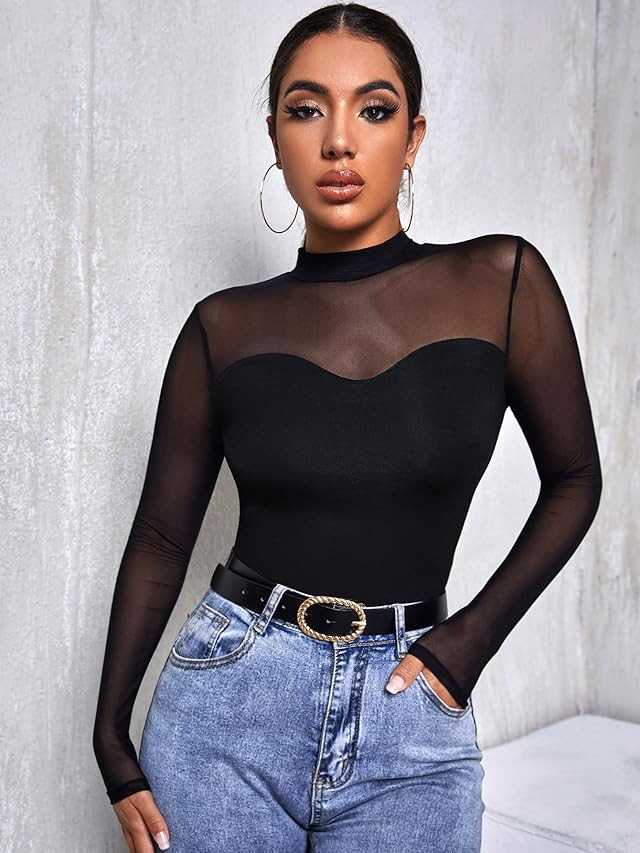 Kate Kasin Women's Mesh Tops Long Sleeve Sheer Blouse Sexy Shirt High Neck Clubwear | Amazon (US)