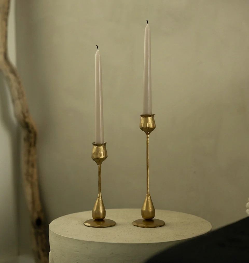 Cora Brass Taper Candle Holders, Set of 2 | Pepper + Vetiver