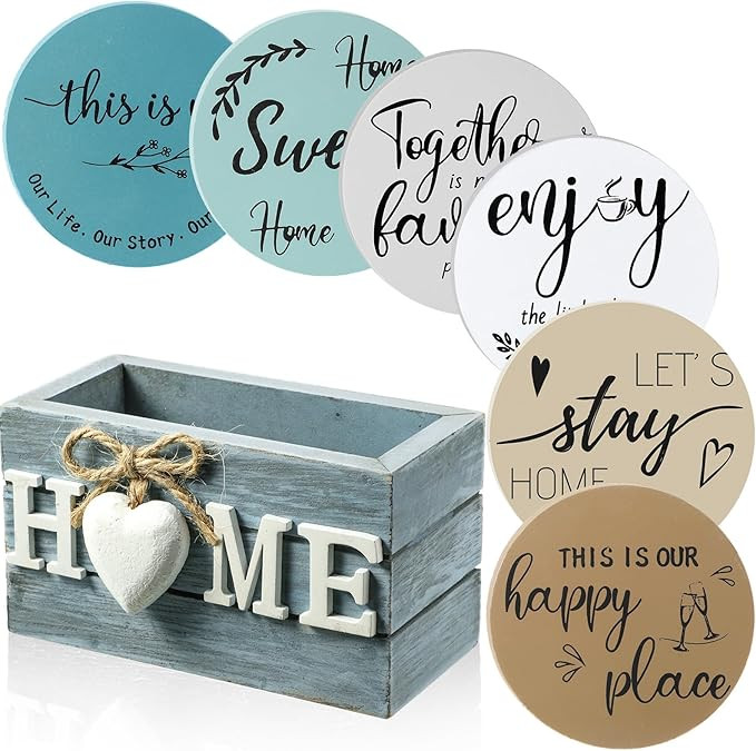 Housewarming Gifts for Home Decoration Wooden Heart Coasters for Drinks Set of 6 Farmhouse Coaste... | Amazon (US)
