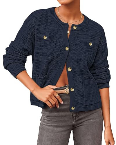 Bsubseach Cardigan Sweaters for Women with Pockets Fall Cropped Cardigans Trendy Button Up Sweaters (Navy Blue, Medium) | Amazon (US)