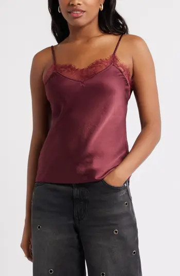 Open Edit Lace Trim Cami in Burgundy Tannin at Nordstrom Rack, Size Small | Nordstrom Rack