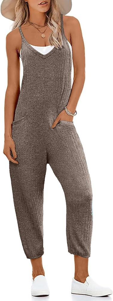 Ekouaer Jumpsuits for Women Sleeveless Spaghetti Strap Ribbed Overall Jumpsuit V Neck Summer Romp... | Amazon (US)