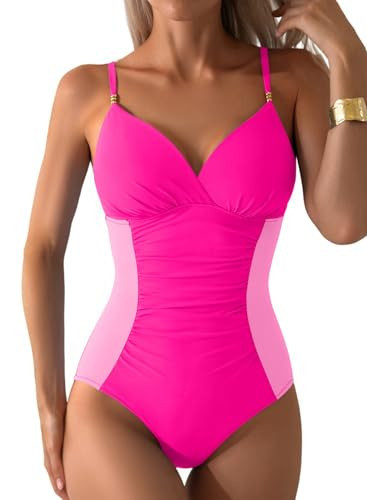 Aleumdr Women's One Piece Bathing Suit Tummy Control Swimsuit Ruched Color Block V Neck Slimming Push Up Gold Metal Athletic Swimwear Rose Red X-Large | Amazon (US)