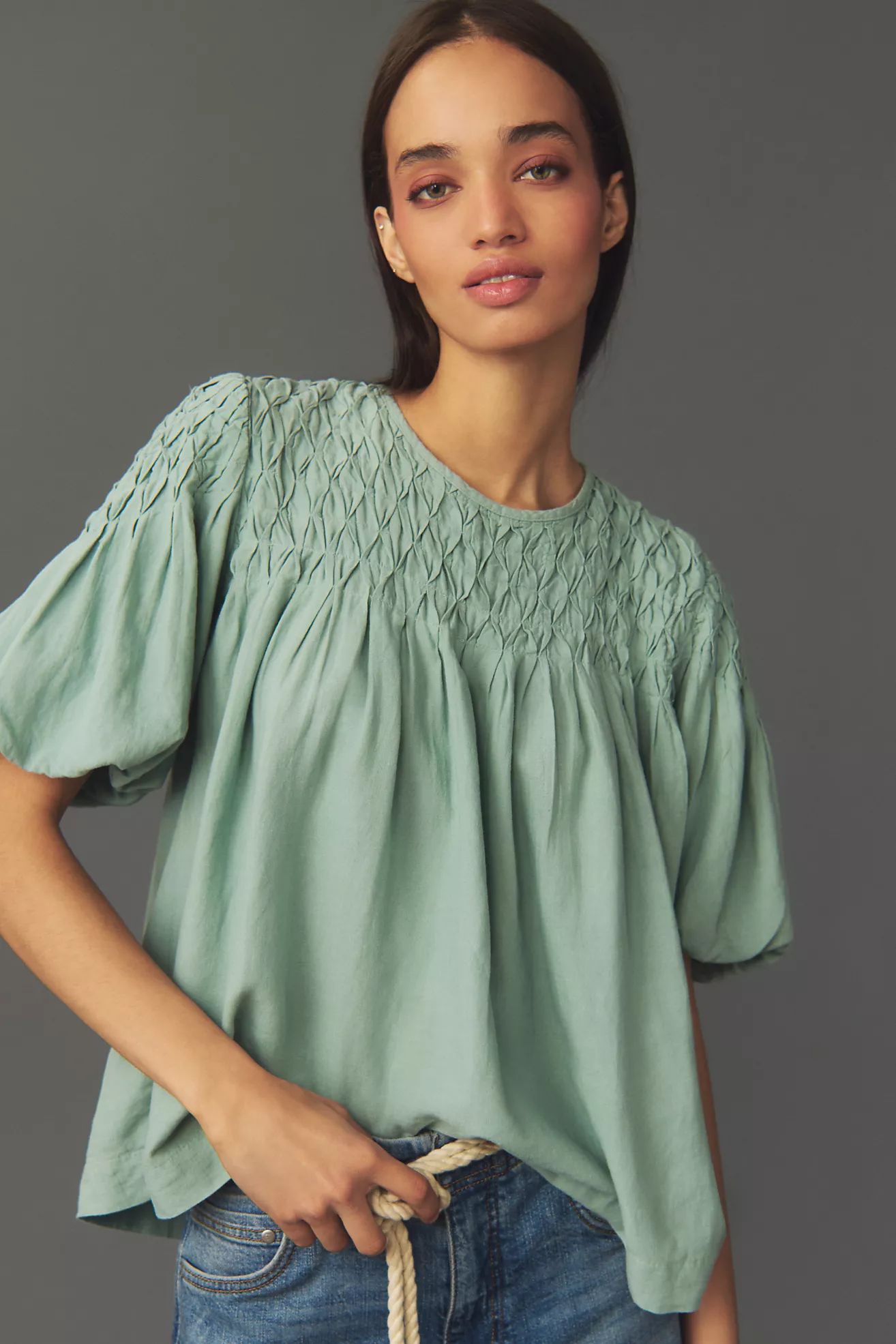 By Anthropologie Puff-Sleeve Smocked Linen Top | Anthropologie (US)