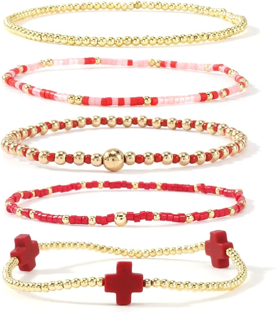Red Cross Gold Beaded Bracelet Stack for Women, Dainty Bohemian Stretch Seed Beads Stackable Brac... | Amazon (US)