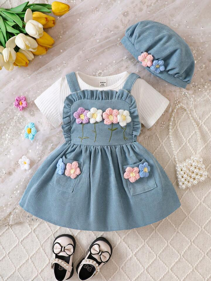 3pcs Baby Girls' Solid Ribbed Texture Short Sleeve T-shirt And Corduroy Dress With 3d Flower Appl... | SHEIN