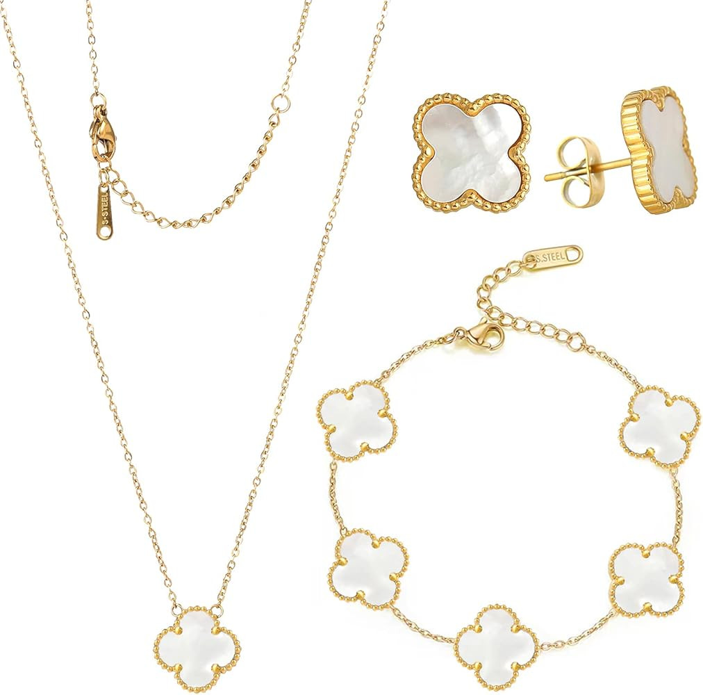 POLYREAL Lucky Clover Sets Bracelets Earring Necklace Pendant for Women 18K Gold Plated Cute Simp... | Amazon (US)