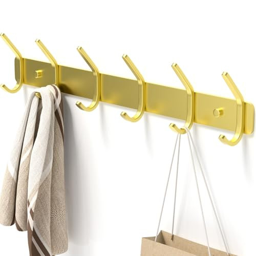 Coat Rack Wall Mount Hooks - 15 Inch Gold Metal 6-Hook Organizer, Grainy Sparkle Finish Wall Mounted, Modern Kids Room, Entryway & Bathroom Hanger for Beach Towels, Coats, Purses, Bags (1 Pack) | Amazon (US)