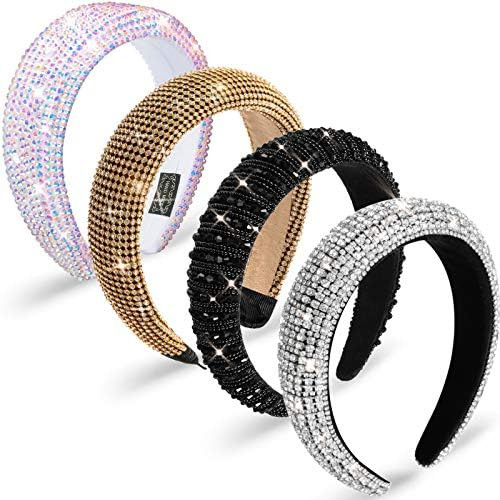Chuangdi 4 Pieces Padded Rhinestone Headband Diamond Crystal Beaded Wide Headband Bejewelled Hair... | Amazon (US)