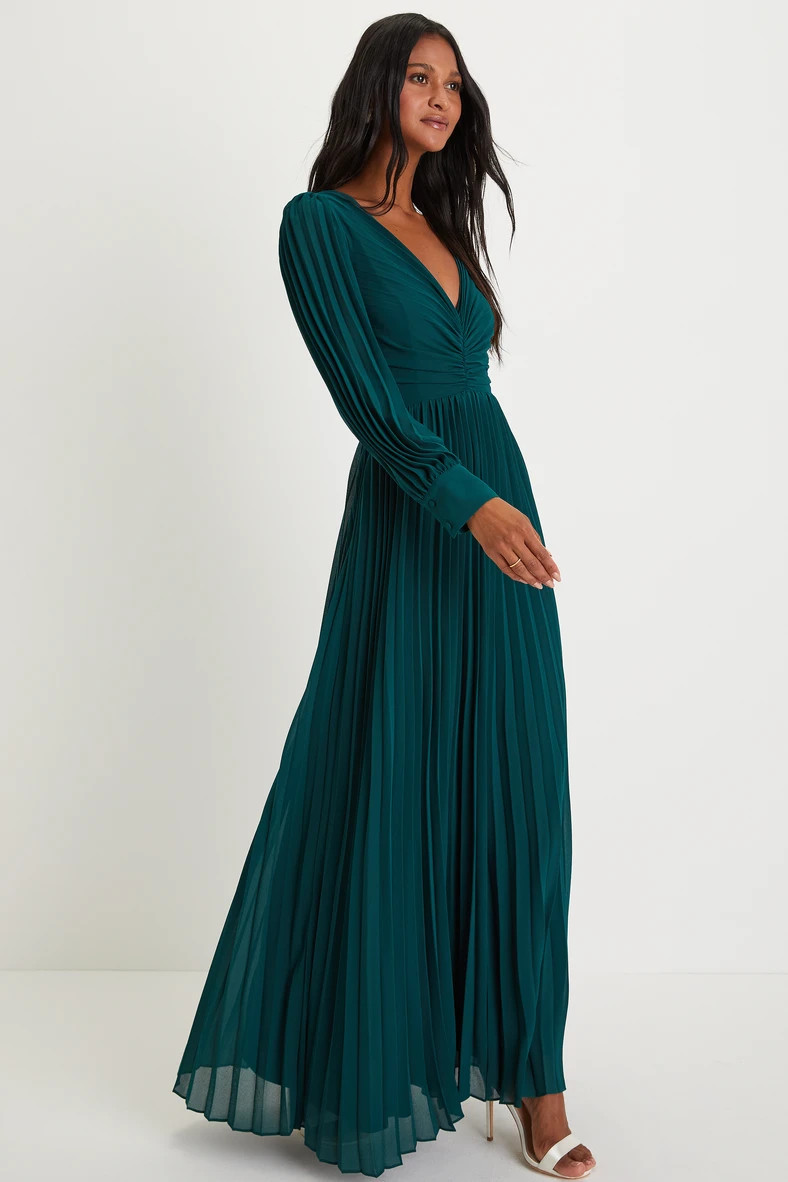 Sophisticated Grace Emerald Green Pleated Long Sleeve Maxi Dress | Lulus