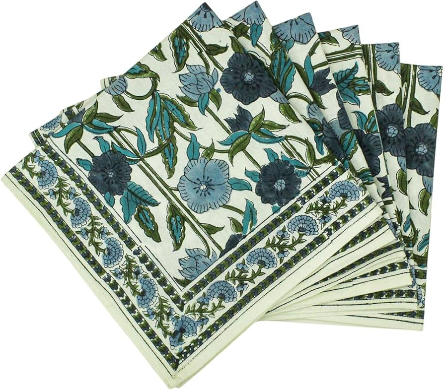 14x14 Inches Cotton Napkins Set of 4, Blue Green, Washable Hand Block Printed Reusable Cloth Napk... | Amazon (US)
