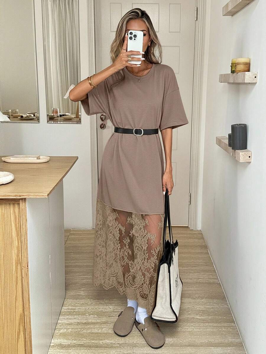 Easowa Round Neck Solid Color Short Sleeve Loose Casual T-Shirt And Lace Dress, Fashionable For O... | SHEIN