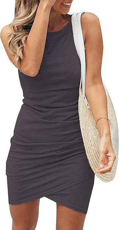 BTFBM Women Casual Crew Neck Ruched Sleeveless Tank Bodycon 2021 Shirt Short Mini Dresses | Amazon (US)