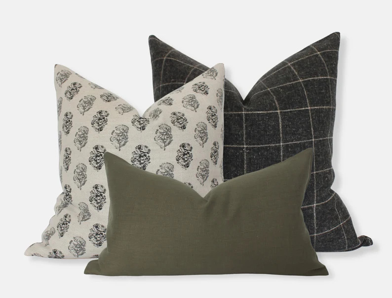 Modern Pillow Set of 3, Throw Pillows for Couch Green, Cream Floral Combo, Cushion Cover Set, Oli... | Etsy (US)