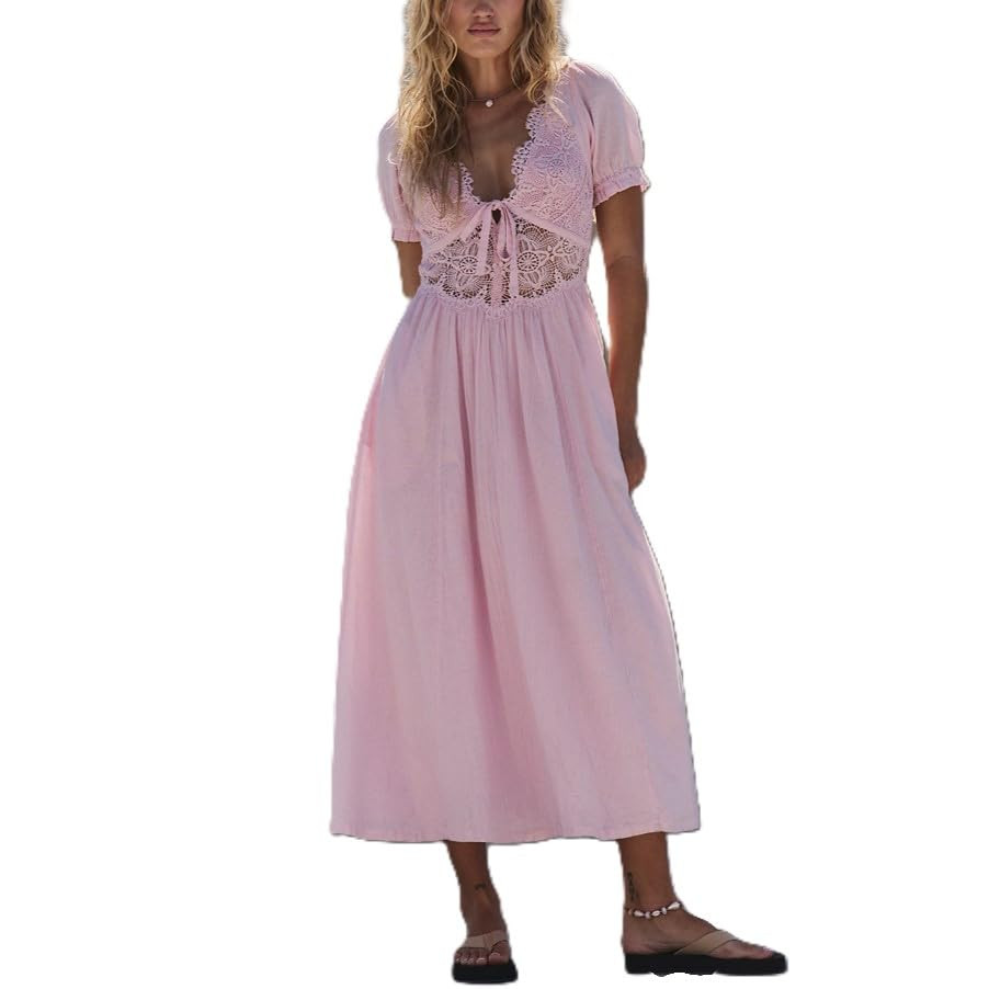 Women's Lace Patchwork Long Dress Retro Hollow Out Pastoral Floral Mesh Dress Vintage Western Bow... | Amazon (US)