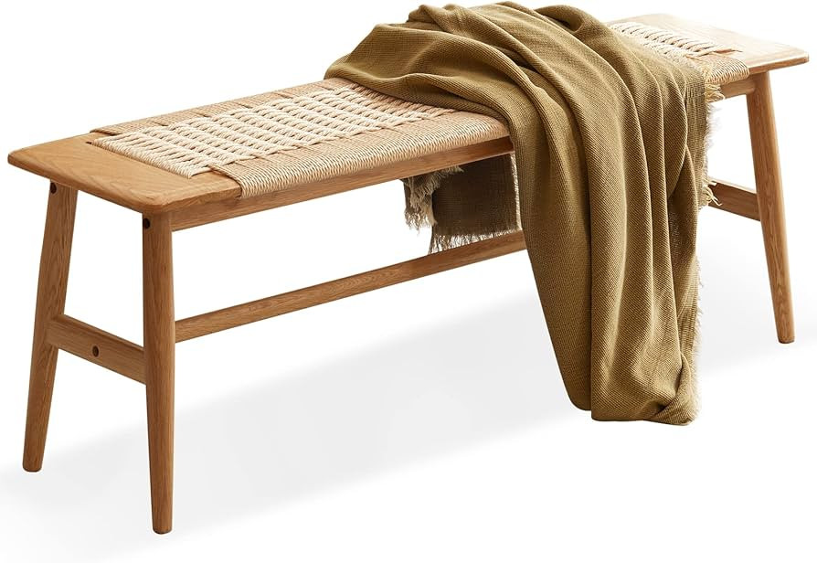 32" Rattan Bench, 100% Solid Oak Wood Bench, Hand Woven Design for Dining Bench, Rustic Design Na... | Amazon (US)