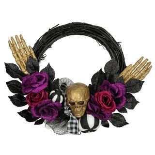22" Skull with Hands & Purple Roses Halloween Twig Wreath | Michaels Stores