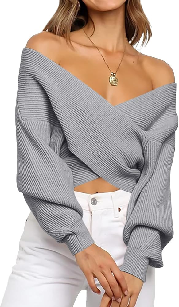 BTFBM Off The Shoulder Sweater for Women Winter Fall Fashion 2025 V Neck Long Sleeve Ribbed Knit ... | Amazon (US)
