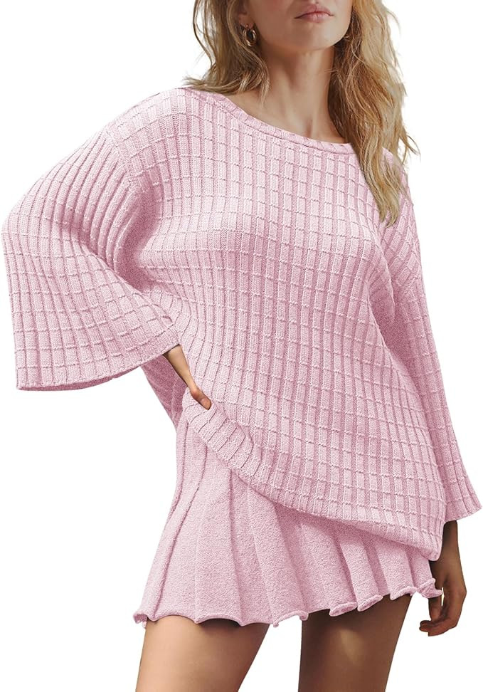 LAMISSCHE Womens Lounge Set Oversized 2 Piece Sweater Skirt Sets Long Sleeve Knit Top Pleated Ski... | Amazon (US)