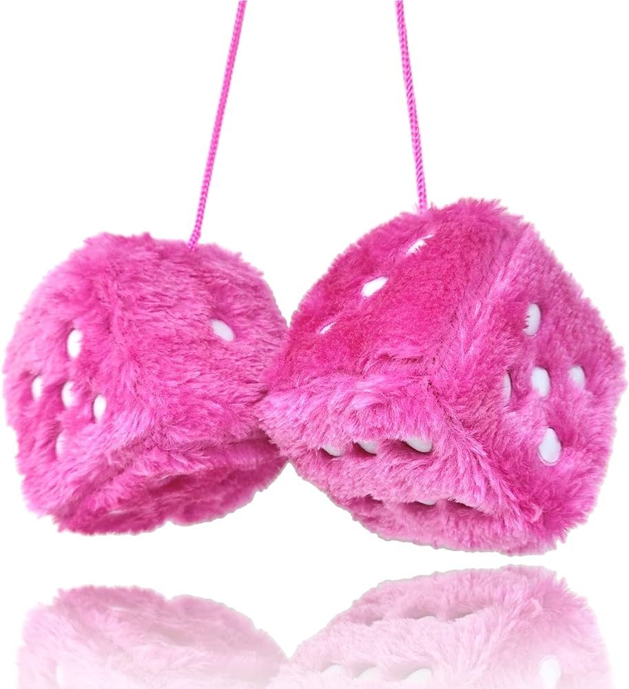Fuzzy Plush Dice for Car Mirror, Pair of Retro 3” Pink Dice with White Dots for Car Interior Ha... | Amazon (US)