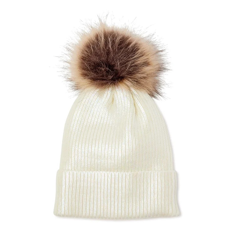 Scoop Women's Metallic Beanie Hat with Faux Fur Pom | Walmart (US)