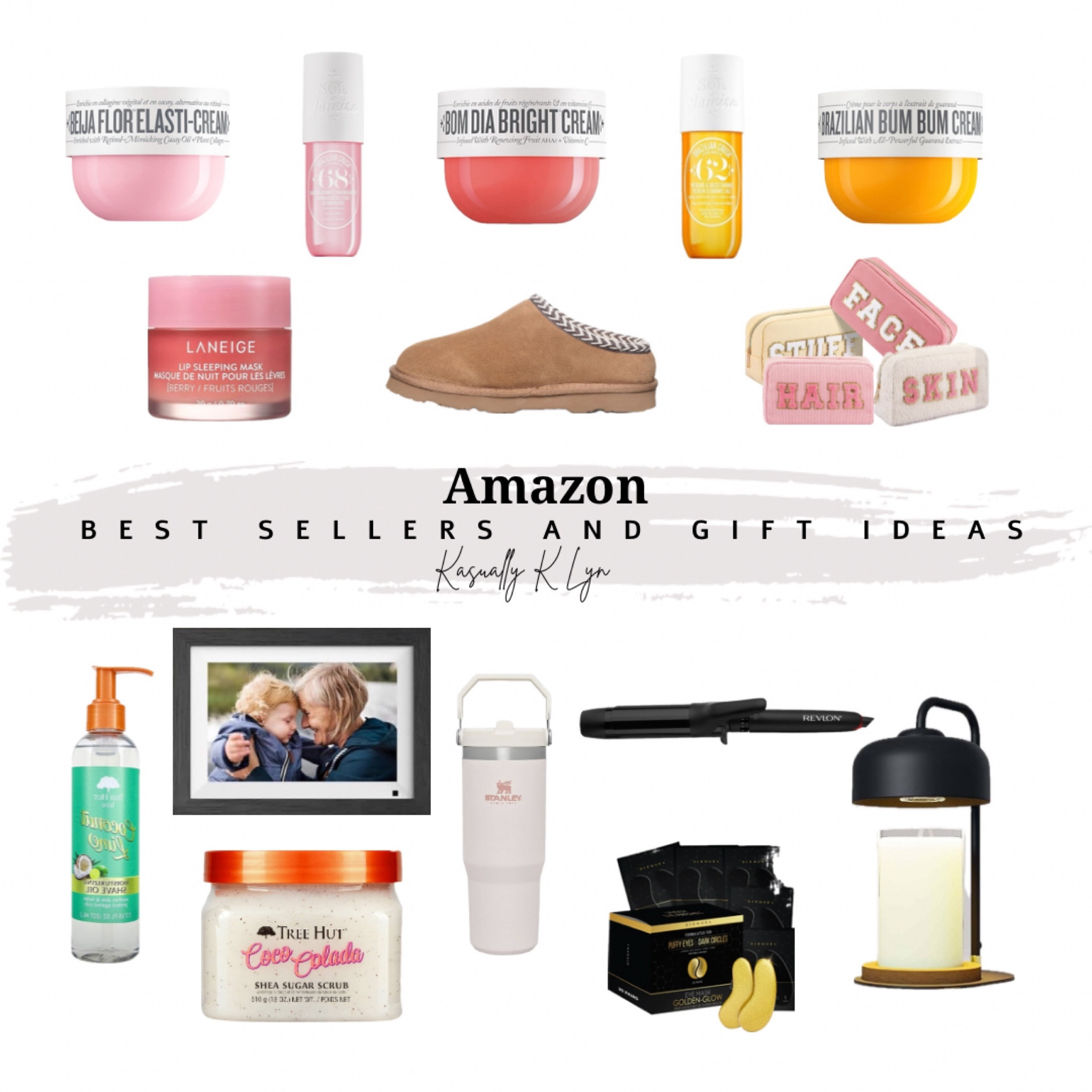 Amazon Best Sellers and Gift Ideas! 4pc nylon letter cosmetic pouches, golden glow under eye patches, 1 1/2 inch curling iron, digital picture frame, electric candle warmer lamp, stanley tumbler, tabitha slipper (ugg dupes), la beige lip sleeping mask, tree but bare moisturizing shave oil, tree hut sugar scrub, sol de janeiro bum bum cream and body mist

#LTKHoliday #LTKGiftGuide #LTKfindsunder100