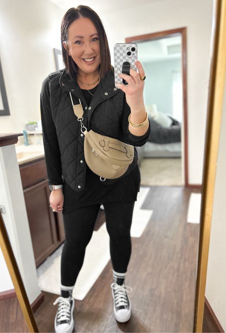 Casual mom outfit of the day!  XL vest. Been wearing this non stop!  Large tunic top. Large leggings. Favorite new crew socks from Amazon. Platform converse sneakers are so comfy and fit tts. Linked one of my favorite sling bags for mom life and my mini wallet! 

#LTKstyletip #LTKfindsunder50 #LTKmidsize