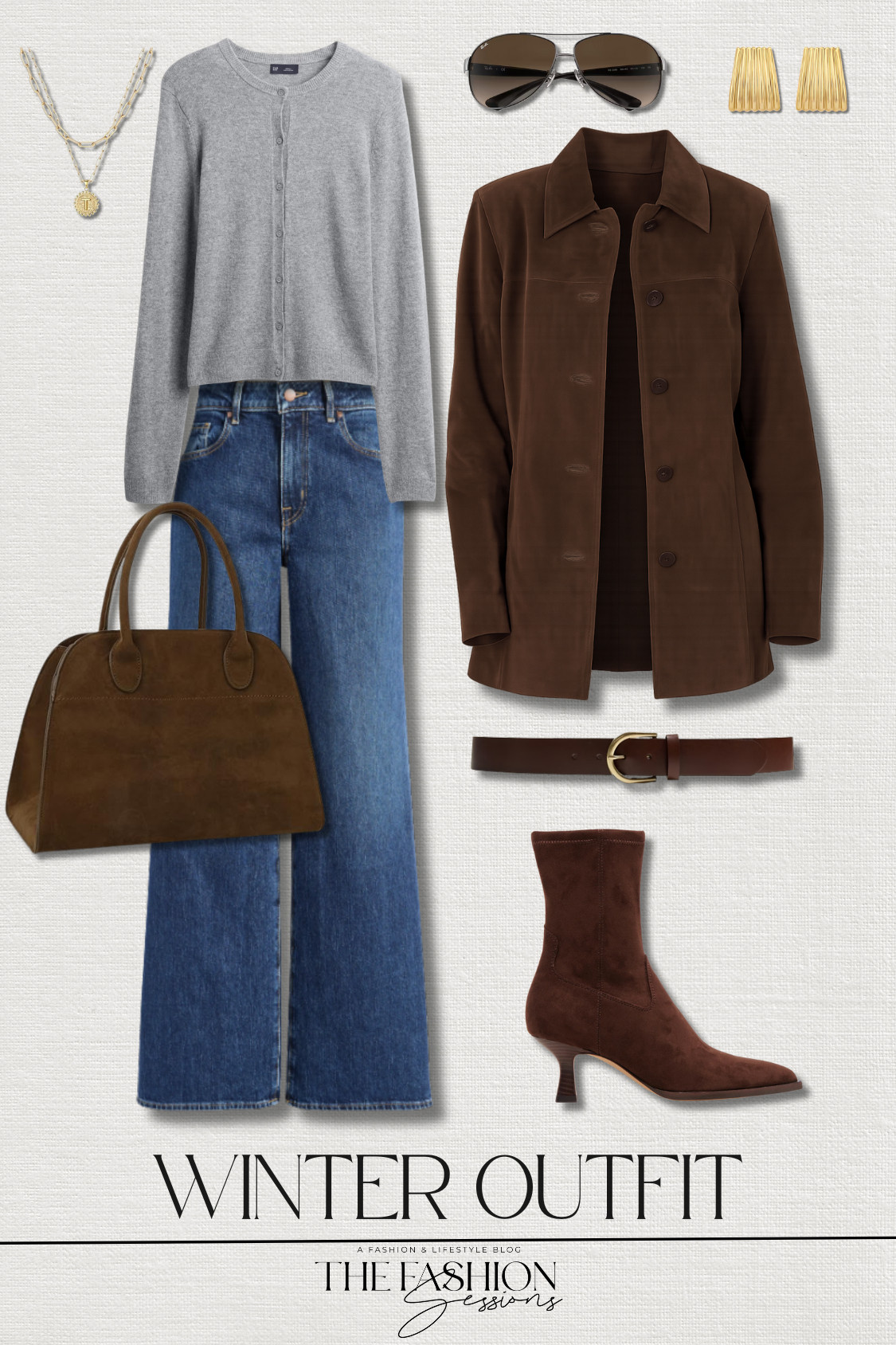 One of my favorite color combos for winter, chocolate brown and gray!
suede leather car coat | high rise wide leg jeans | cardigan sweater | arya ankle boots | suede tote bag | leather trouser belt | ray-ban aviator sunglasses | chunky gold earrings | gold initial necklace | winter outfit | outfit idea | elevated casual 

 #LTKootd #LTKOver40