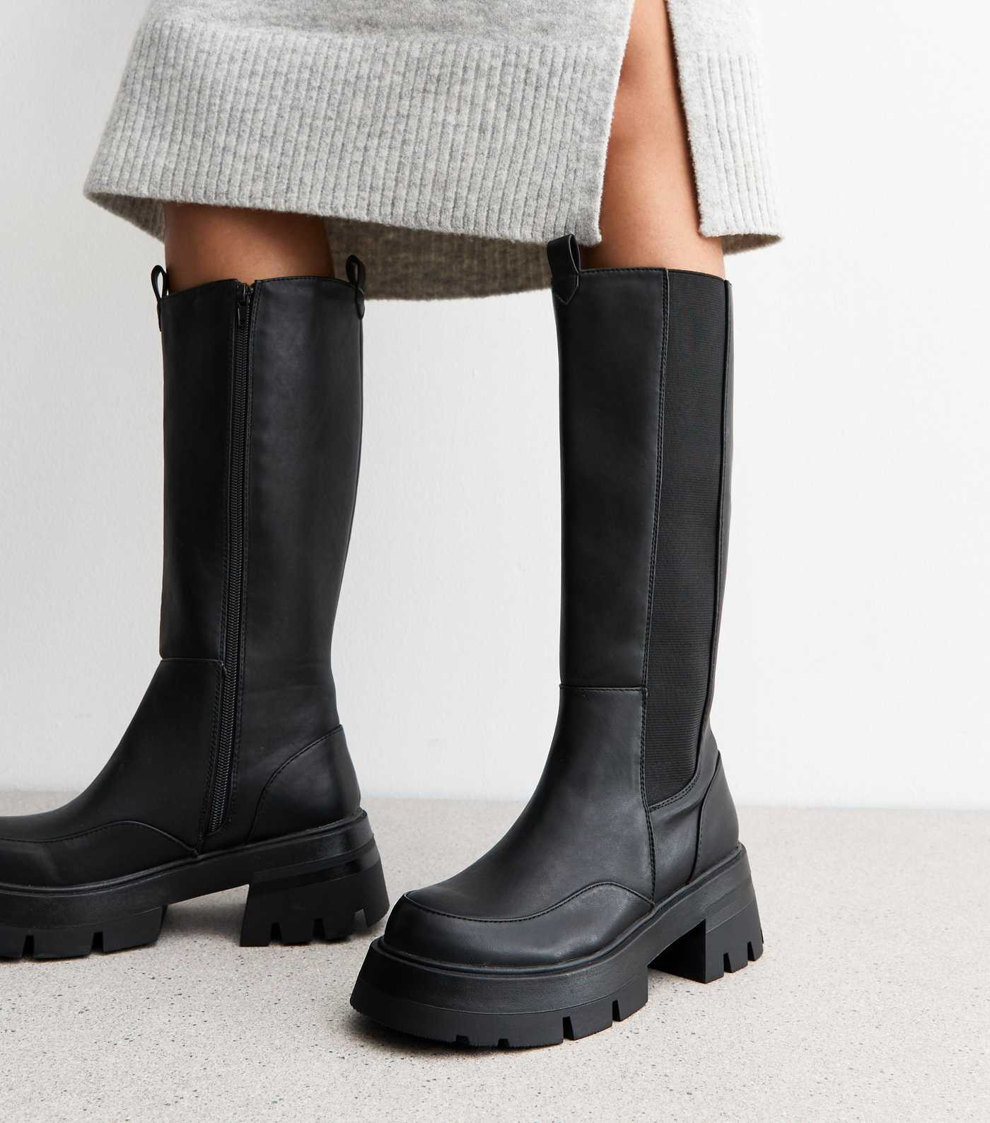 Public Desire Bryant Black Chunky Biker Knee High Boots | New Look | New Look (UK)
