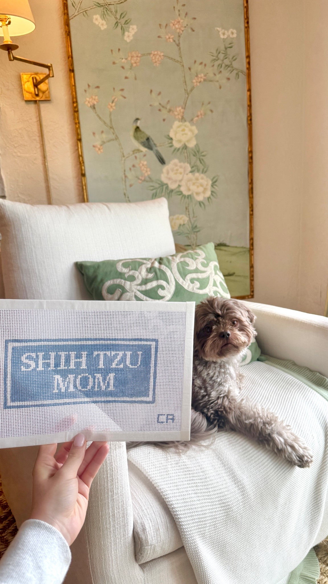 Custom “shih tzu mom” needlepoint canvas from Claire Allison Needlepoint :) linked her Etsy here!