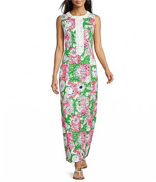Lilly Pulitzer Barberine Chicken Check Print Crew Neck Sleeveless Lilly Lace Applique Shift Maxi Dress - 6 | Dillard's