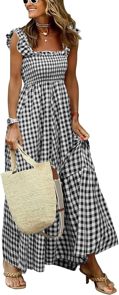chouyatou Women's Retro Plaid Smocked Dress Spaghetti Strap Flounce Long Dress | Amazon (US)