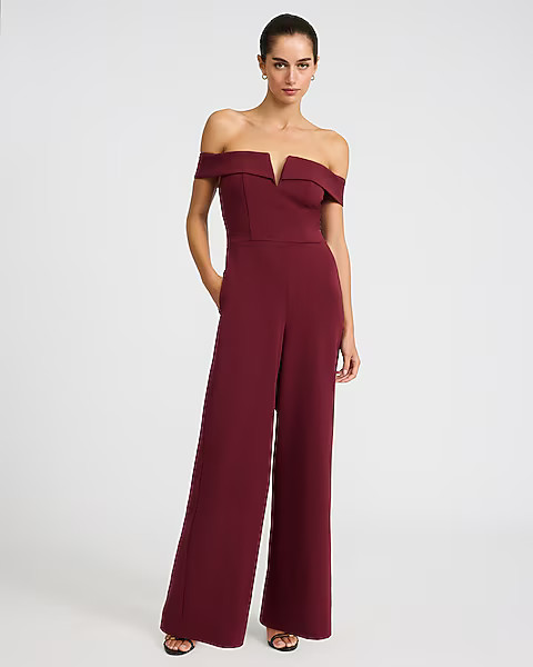 Crepe V-wire Off The Shoulder Wide Leg Jumpsuit With Pockets | Express