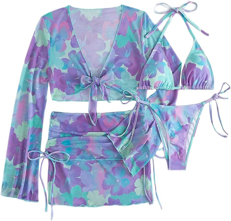 GORGLITTER Women's 4 Piece Floral Triangle Bikini Set Tie Side High Cut Thong Swimsuit with Cover... | Amazon (US)