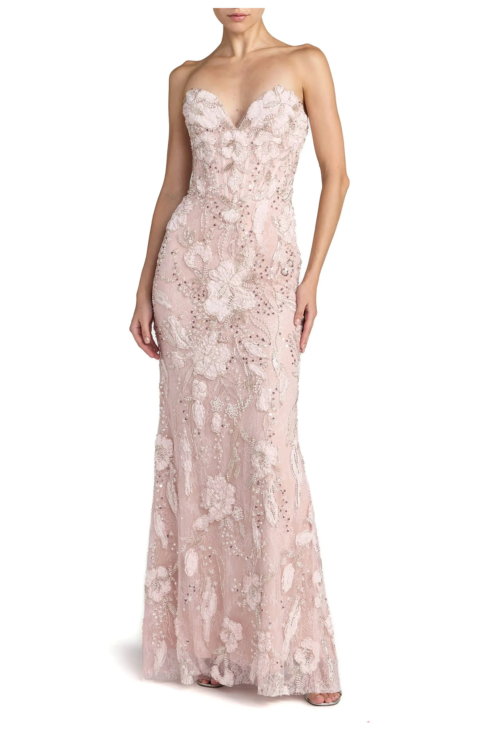 Floral Beaded Mesh Strapless Column Gown | Nordstrom